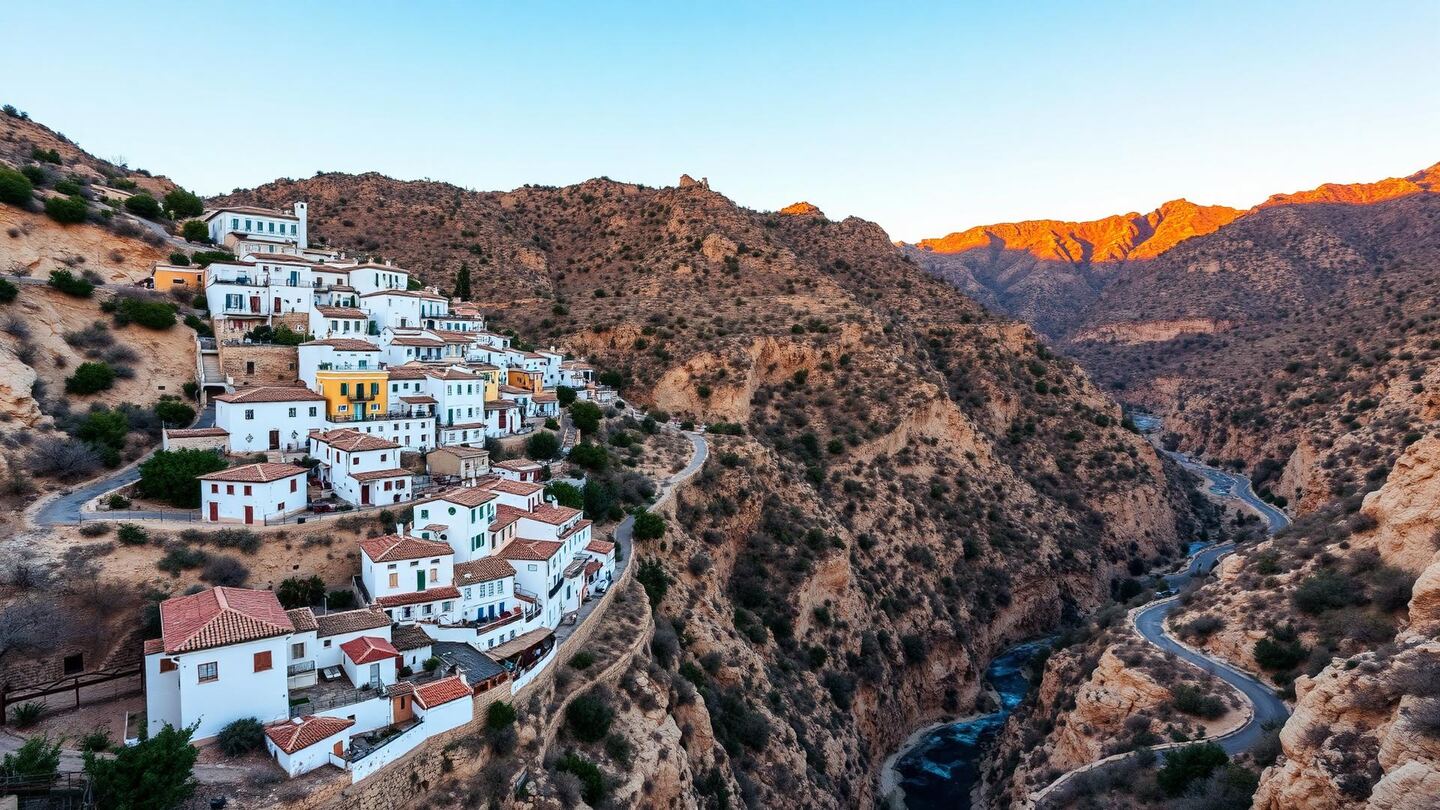The white village of Benahavís clinging to the mountainside above a gorge and a winding road, surrounded by pine forest