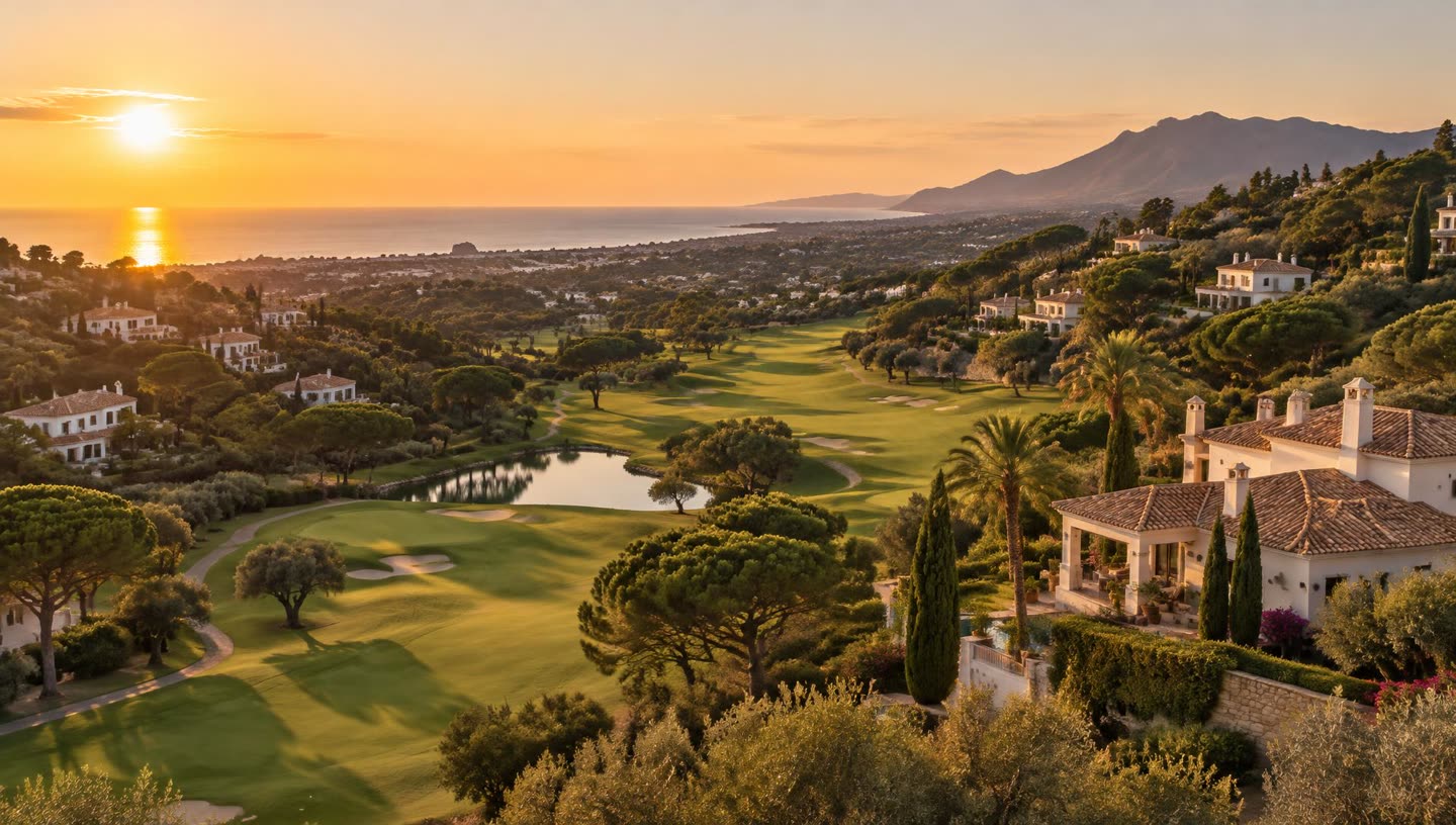 Le domaine de golf de La Quinta au coucher du soleil : fairways vallonnés, villas aux toits de tuiles et vue sur la baie de Marbella