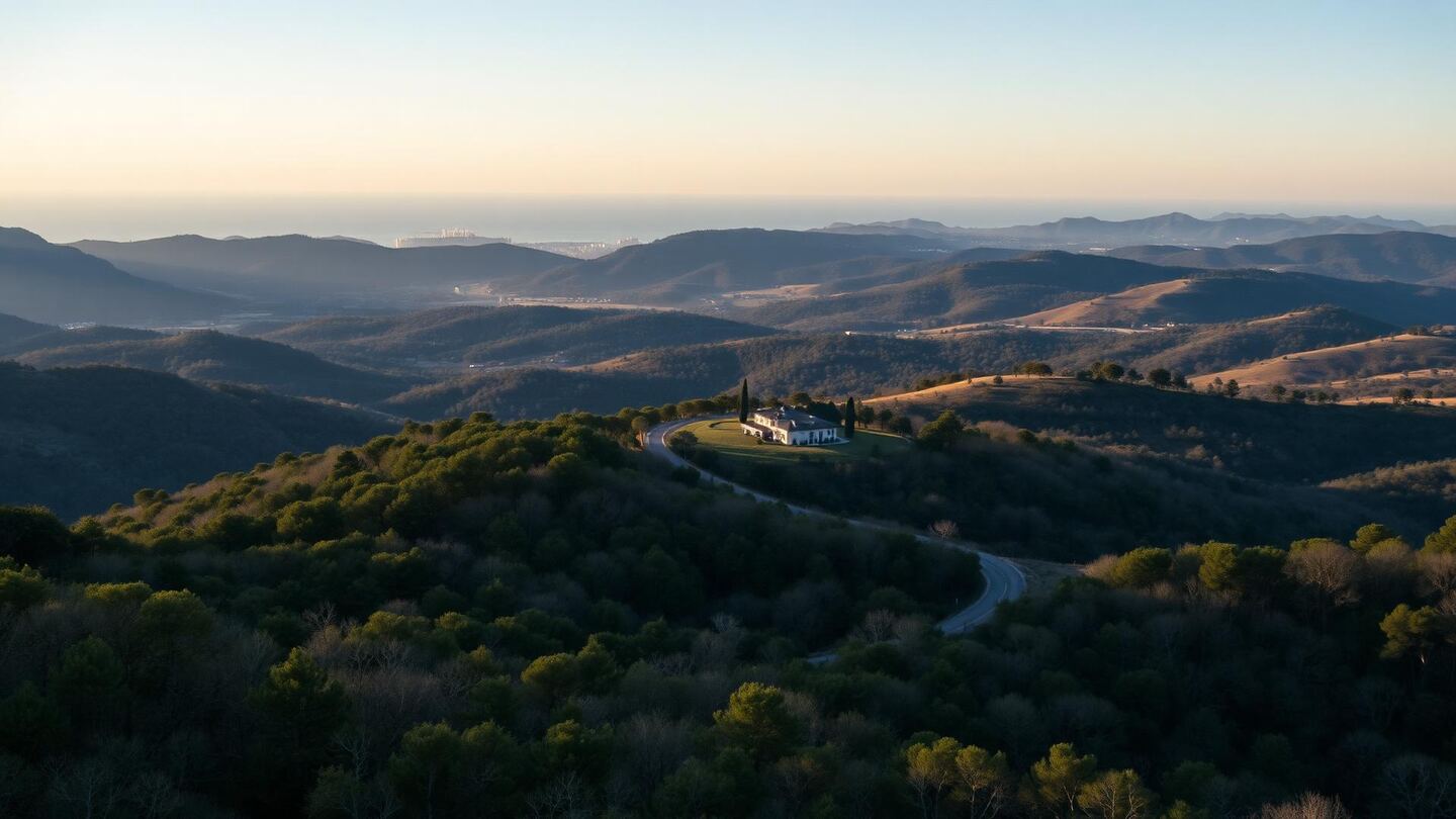 The private estate of La Zagaleta: cork-oak wooded hills, a secluded villa among the trees and a distant view over the coast