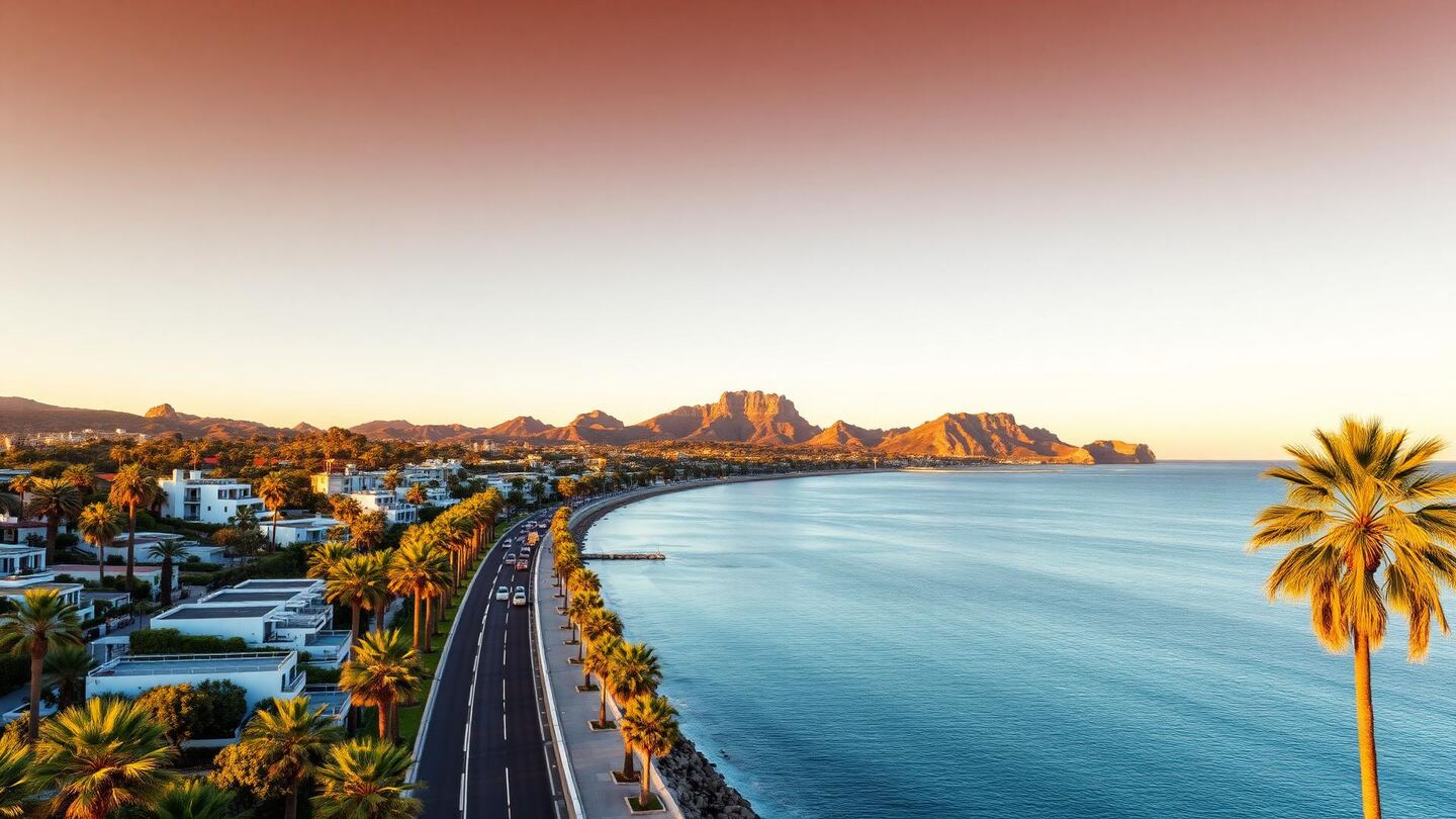 Aerial view of Marbella's Golden Mile at sunset: white villas, seafront palm trees and La Concha mountain behind