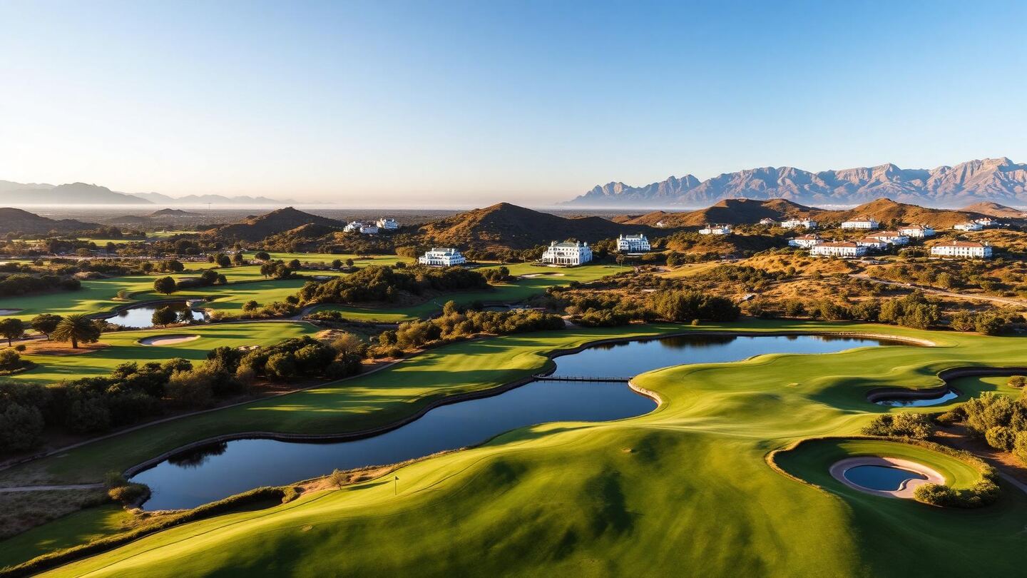 The Golf Valley of Nueva Andalucía: fairways and lakes, white villas on the slopes and the Benahavís mountains behind