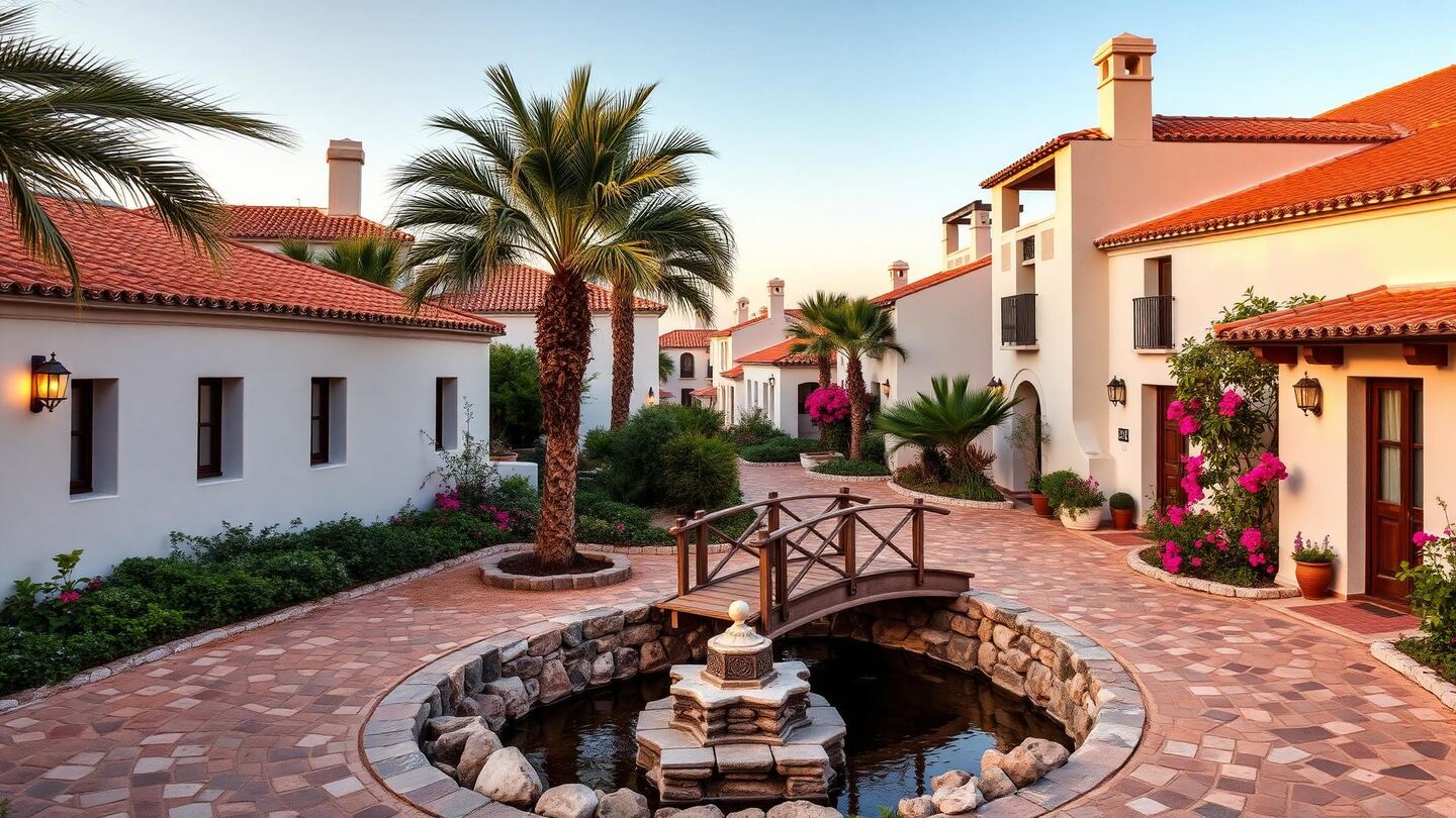 Andalusian seaside village at Puente Romano: whitewashed houses with terracotta roofs, stone lanes and lush tropical gardens