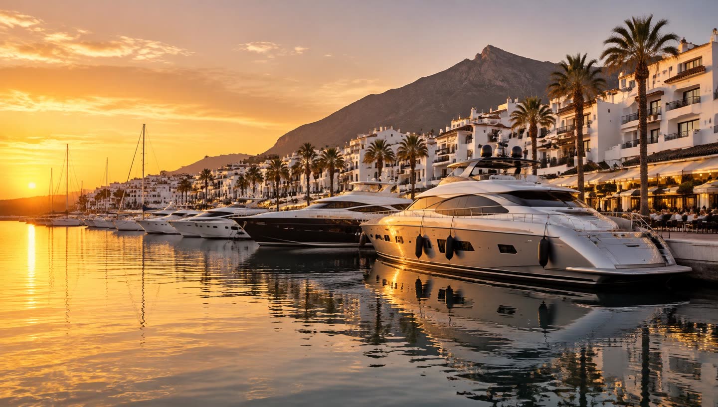 Le port de plaisance de Puerto Banús à l'heure dorée : yachts à quai, immeubles blancs et palmiers devant la montagne de La Concha