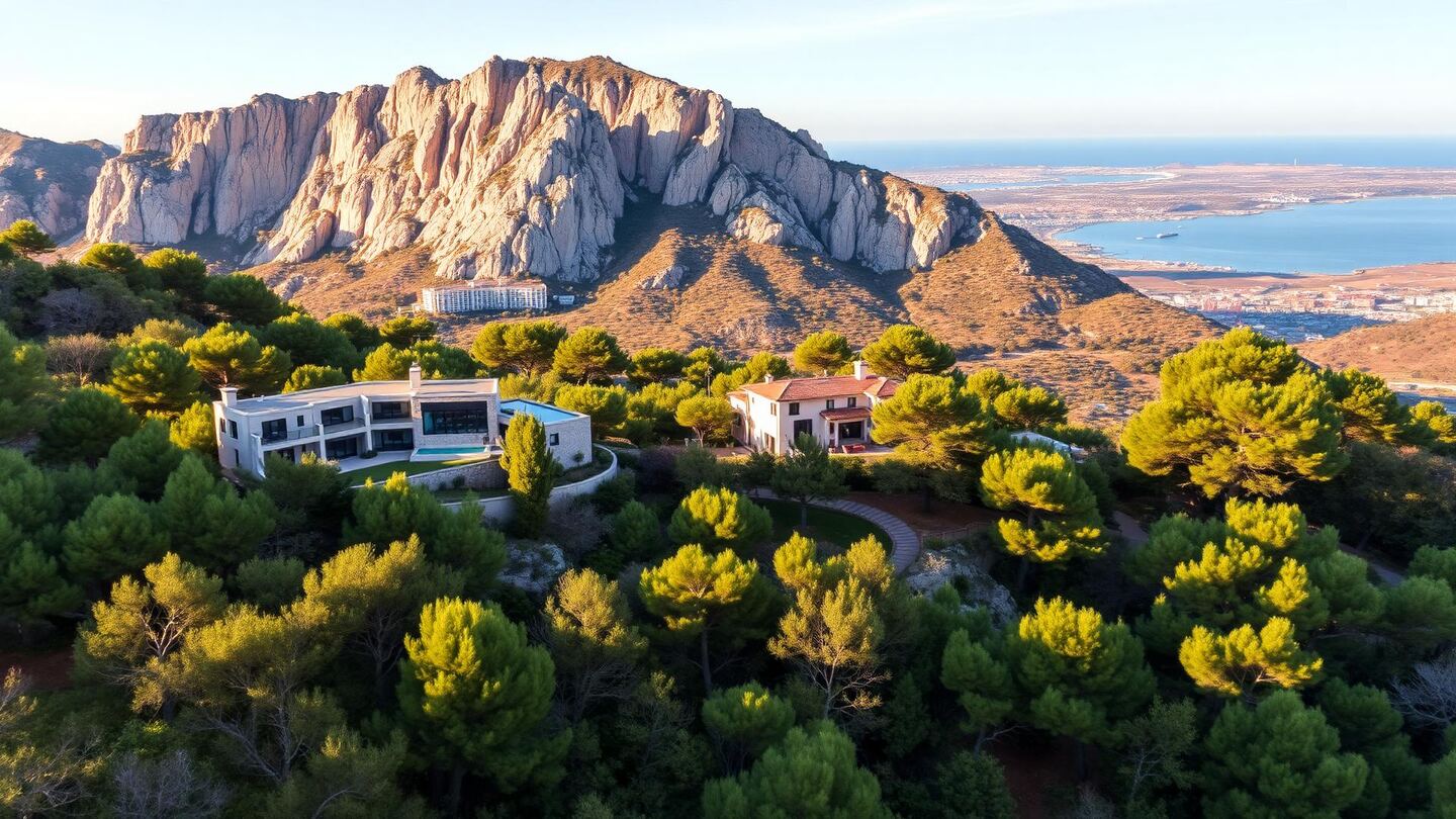 Sierra Blanca villas on the wooded slopes above Marbella, below the limestone face of La Concha, overlooking the bay