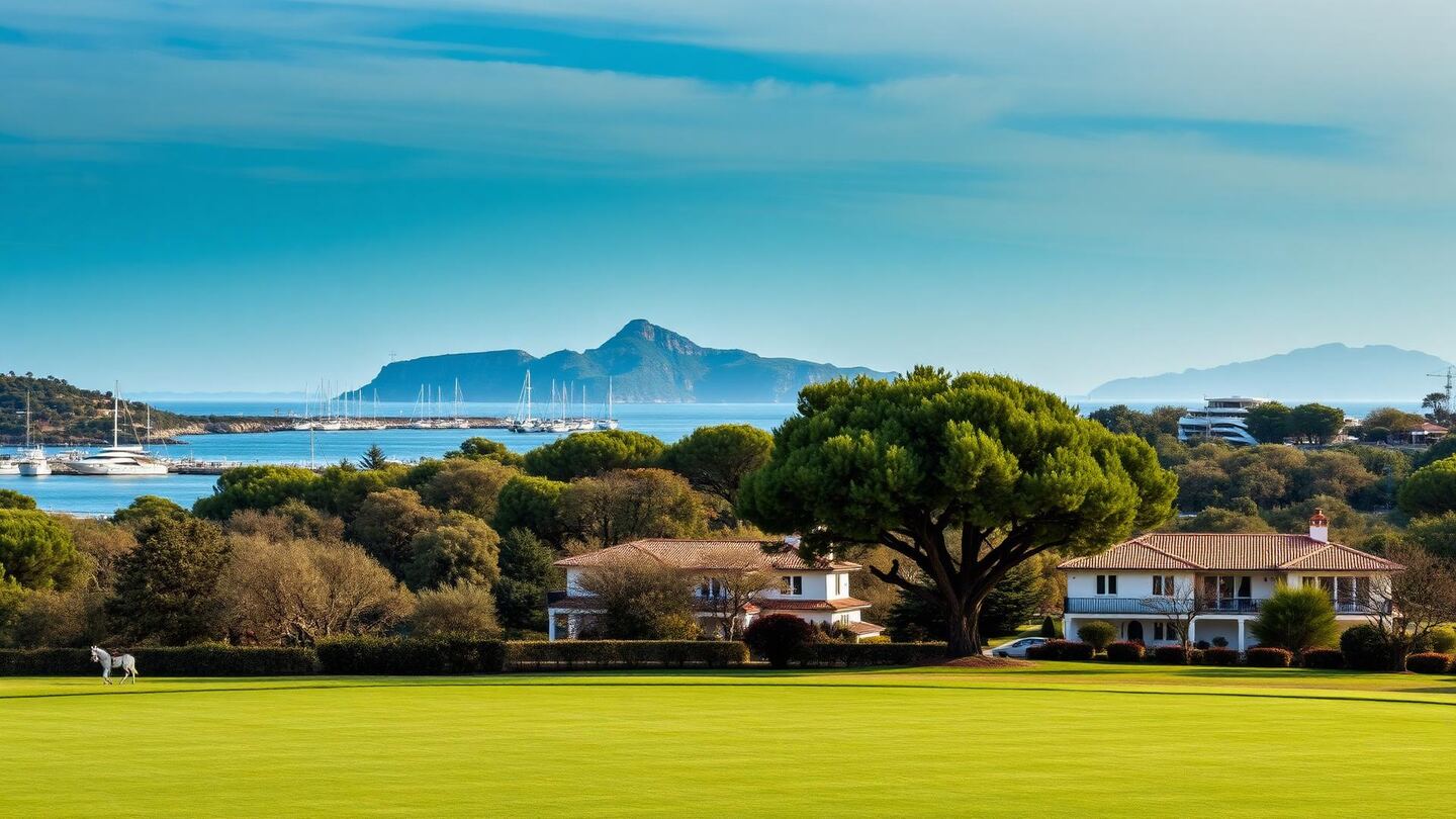 Terrains de polo de Sotogrande bordés de chênes-lièges, villas sur grands terrains boisés et marina avec voiliers au loin